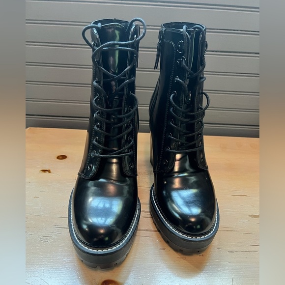 Black Bershka boots Women’s Block Heels Platform Patent Ankle Combat Boots - Picture 2 of 14